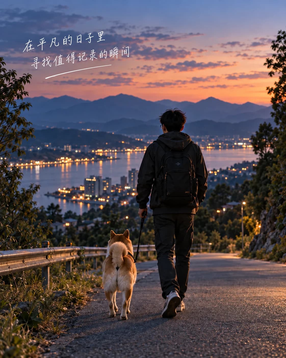 和柴犬沿山路散步，天空写有生活寄语