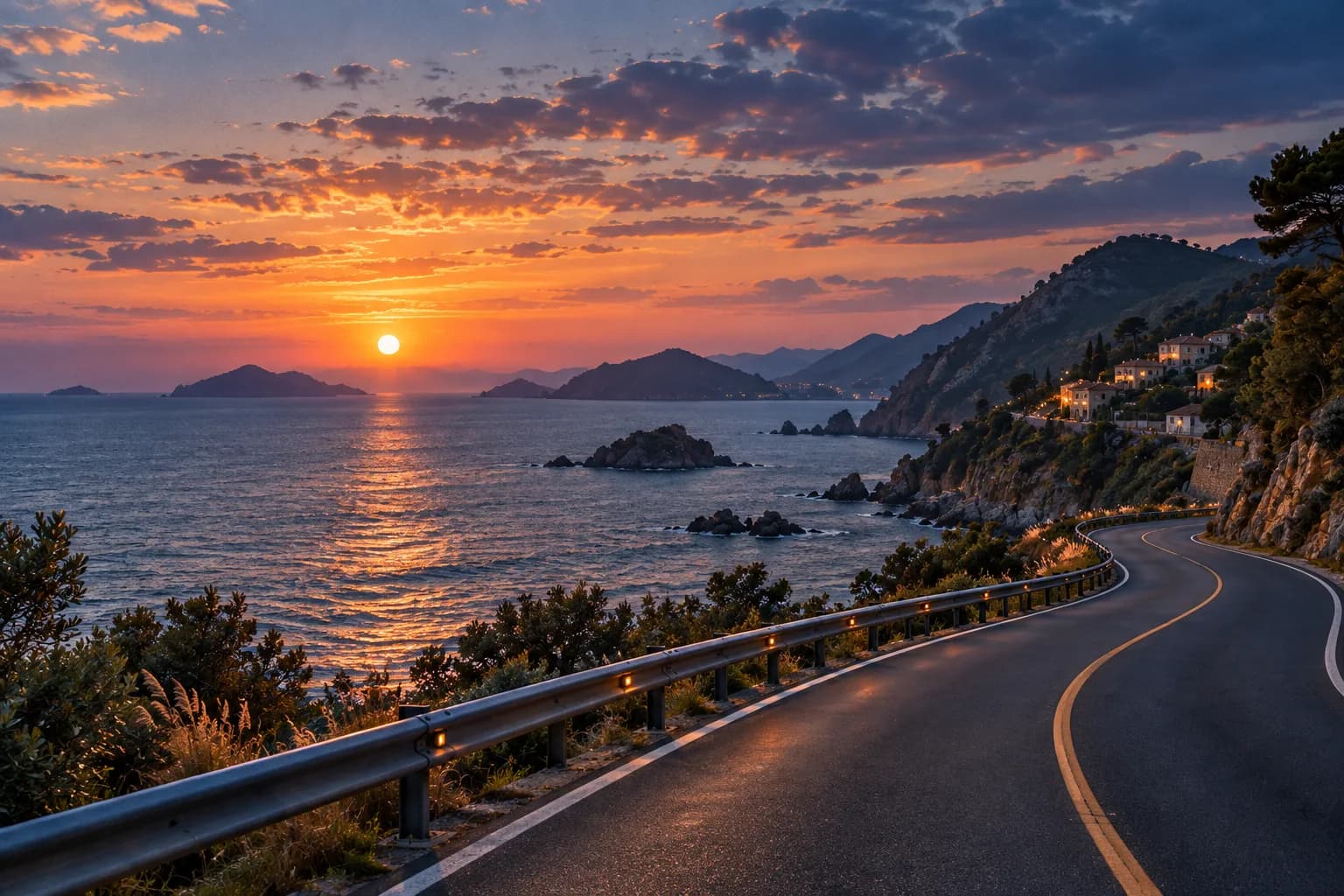 夕阳下的海岸公路