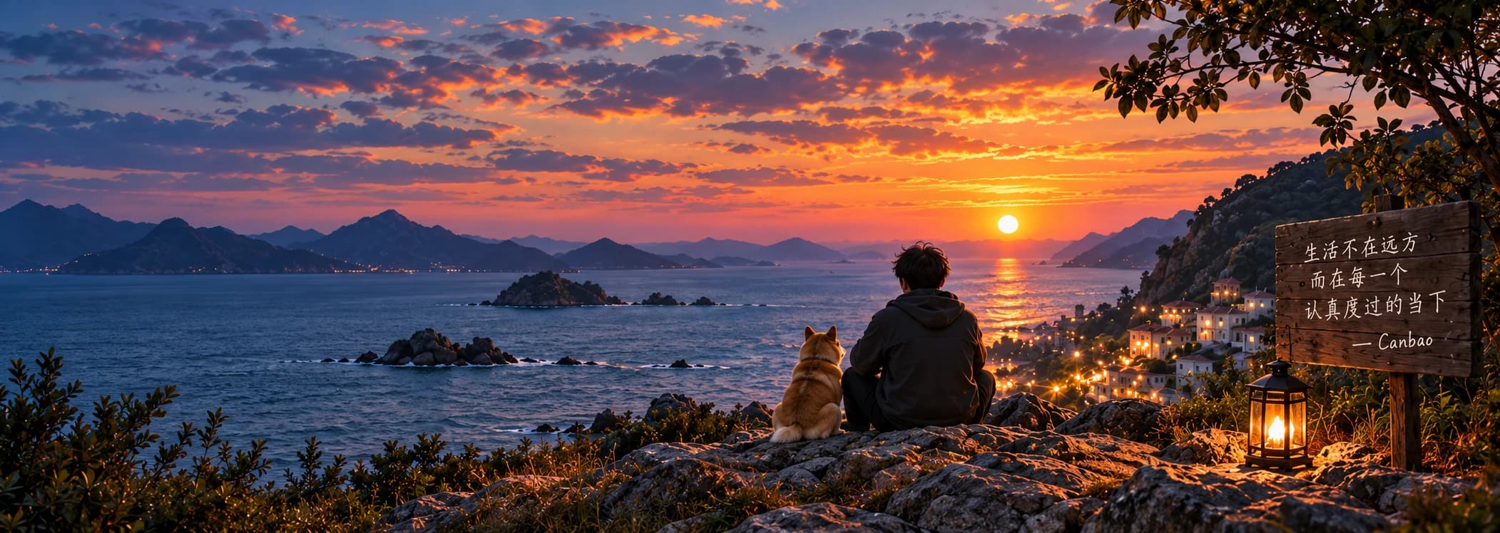和柯基一起眺望海边晚霞与生活寄语